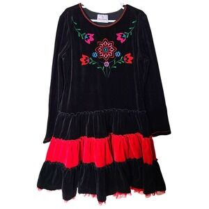 Hanna Andersson Black Red Velour Embroidered Folklore Dress Twirl 140 10 Years H